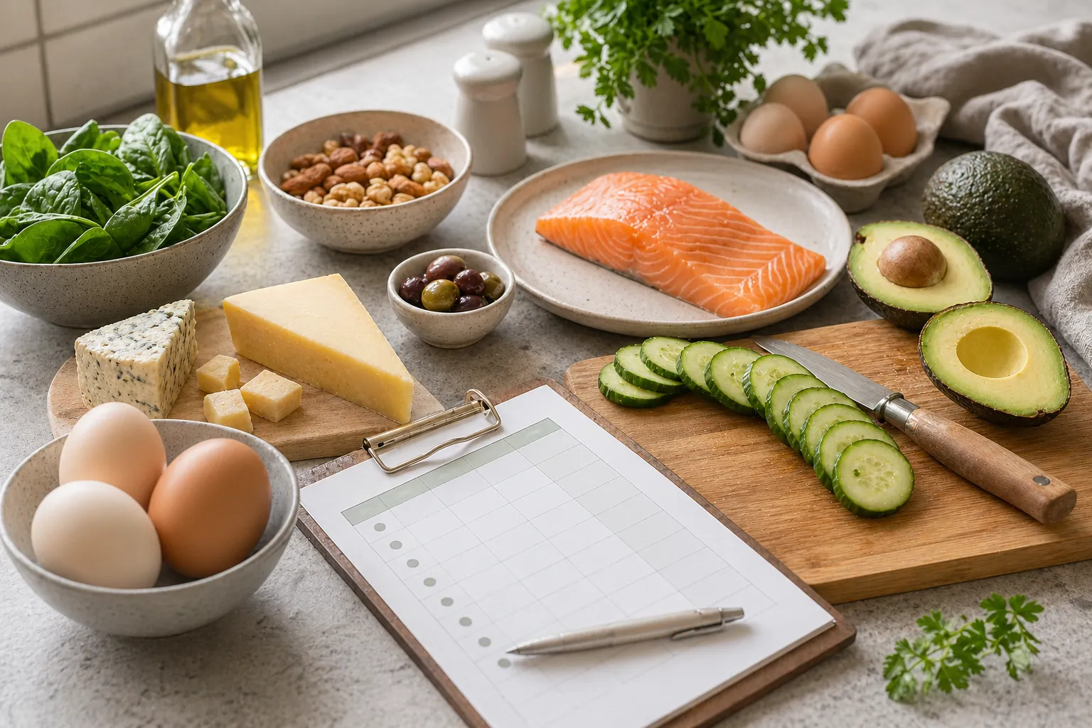 Keto-Lebensmittel für Anfänger auf einem Küchentisch mit Avocado, Lachs, Eiern, Gemüse und einer Startliste