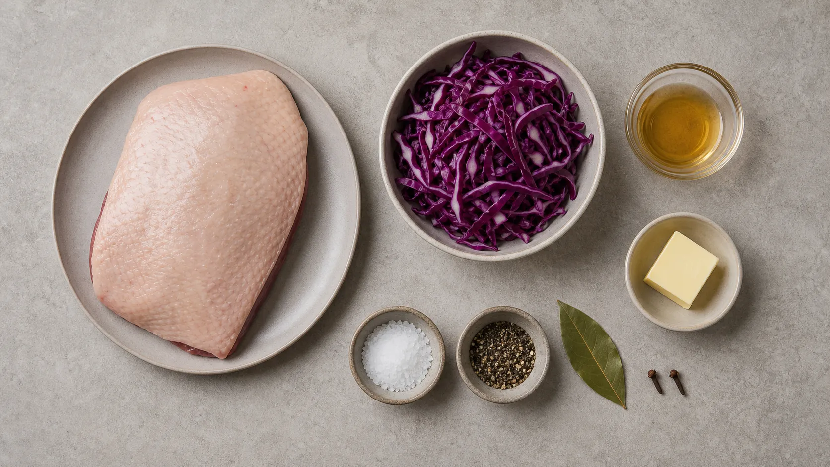 Zutaten für Keto Gänsebrust: Gänsebrust, Rotkohl, Apfelessig, Lorbeer, Nelken, Butter, Salz und Pfeffer