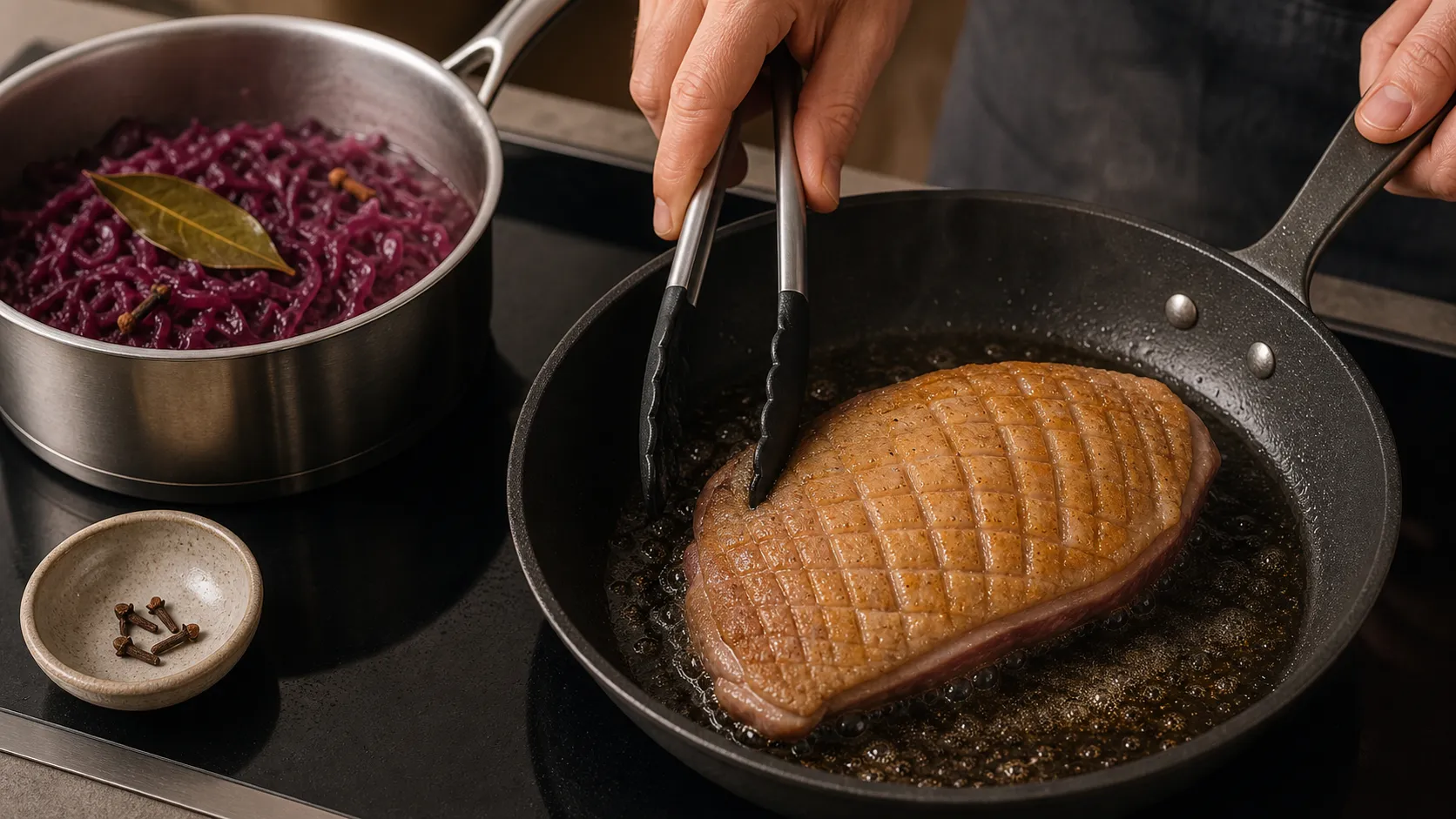 Gänsebrust brät mit eingeschnittener Haut in der Pfanne, daneben schmort Rotkohl mit Lorbeer und Nelken