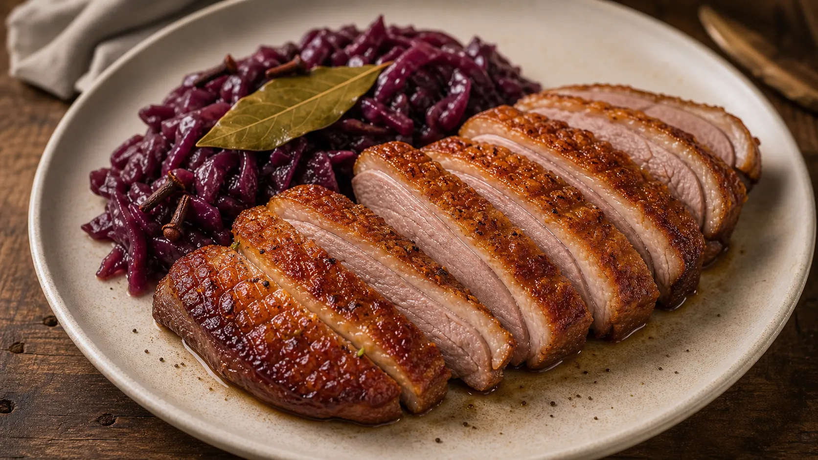 Keto Gänsebrust mit knuspriger Haut und geschmortem Rotkohl ohne Kartoffelbeilage