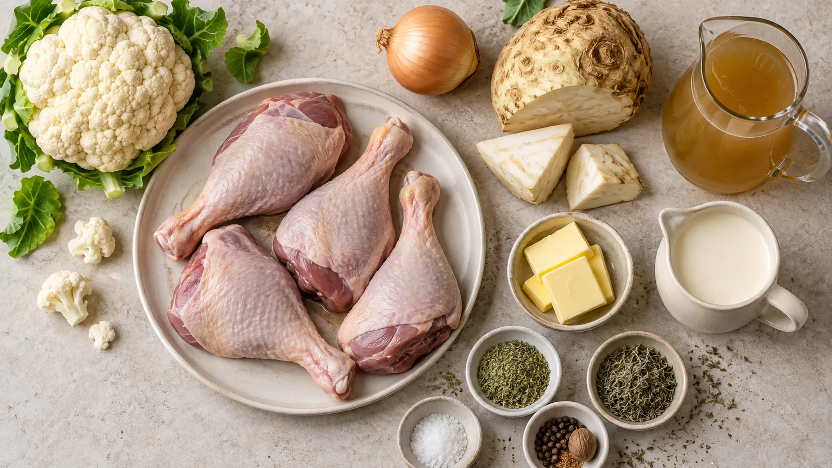 Zutaten für das Gericht: vier rohe Gänsekeulen, Majoran, Beifuß, Zwiebel, Knollensellerie, Blumenkohl, Butter und Sahne