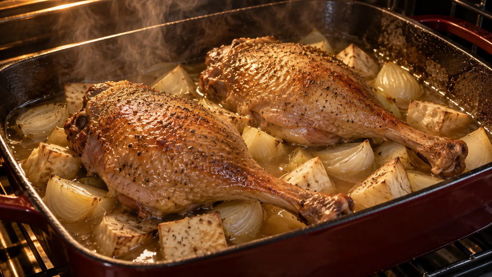 Gänsekeulen liegen mit der Hautseite nach oben in einem Bräter, umgeben von Zwiebel- und Selleriestücken und Fond