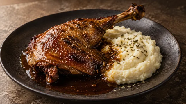 Knusprig gebratene Gänsekeule mit dunkler Bratensauce neben einem Häufchen cremigem Blumenkohlstampf auf einem Teller