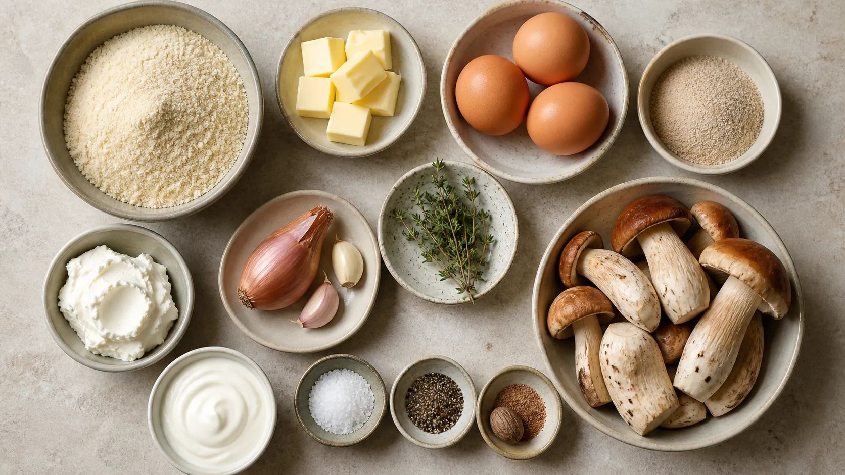 Zutaten für die Keto Galette: Mandelmehl, Butter, Steinpilze, Ziegenfrischkäse, Crème fraîche, Eier und Thymian