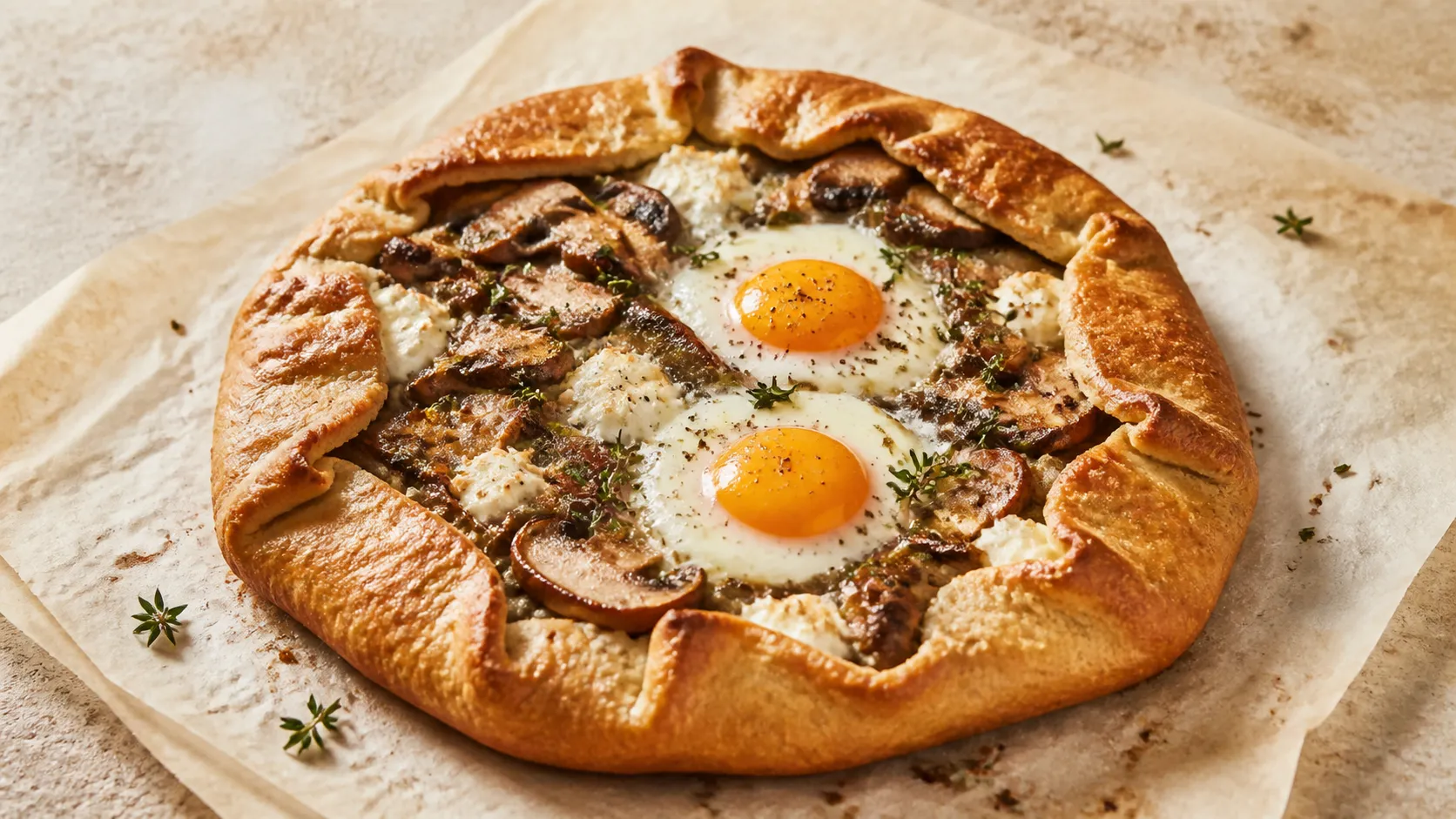 Keto Frühstücks-Galette mit Steinpilzen, Ziegenkäse und zwei gebackenen Eiern auf rustikalem Mandelmehlteig