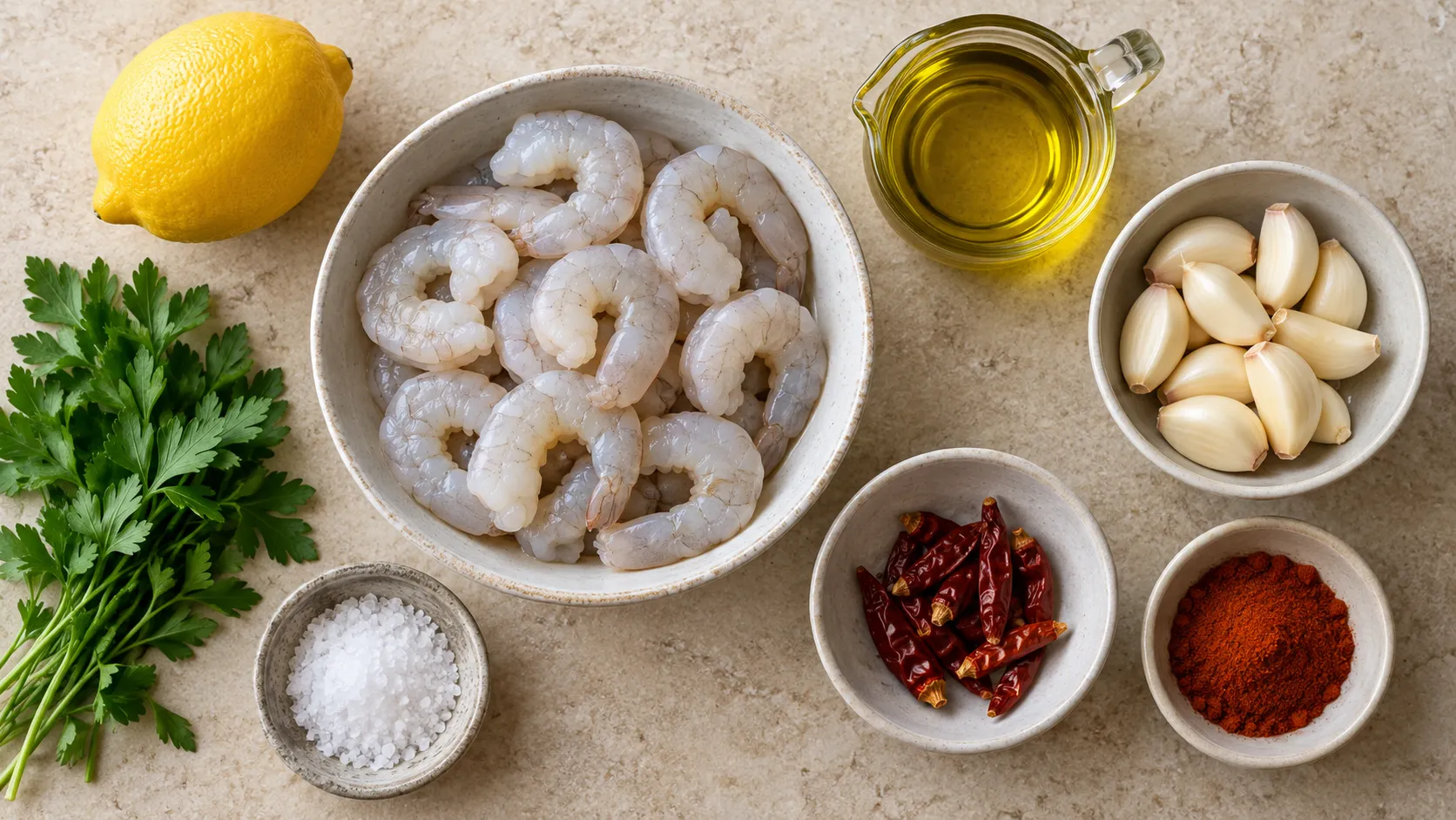 Zutaten für Keto-Gambas al Ajillo: rohe geschälte Garnelen, eine Knoblauchknolle, getrocknete Chilischoten, Olivenöl, Zitrone, Petersilie und geräuchertes Paprikapulver