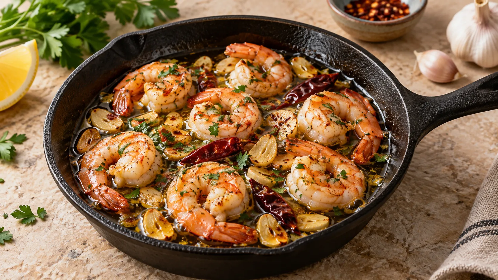 Rosa gebratene Garnelen in blubberndem Knoblauch-Olivenöl in einem kleinen Tonpfännchen, mit Chiliringen und Petersilie bestreut