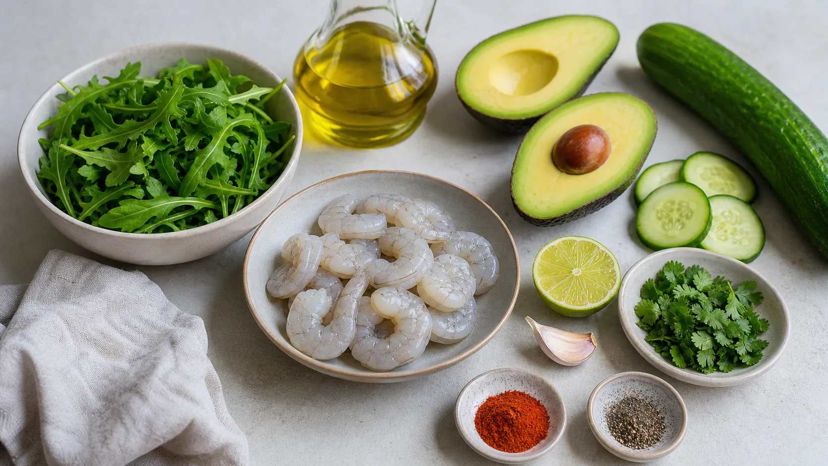 Zutaten für Keto-Garnelen-Avocado-Limetten-Salat mit Garnelen, Avocado, Gurke, Rucola, Limette, Olivenöl, Knoblauch und Koriander