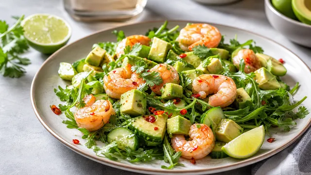 Keto-Garnelen-Avocado-Salat mit gebratenen Garnelen, Avocadowürfeln und Limetten-Dressing auf einem Teller