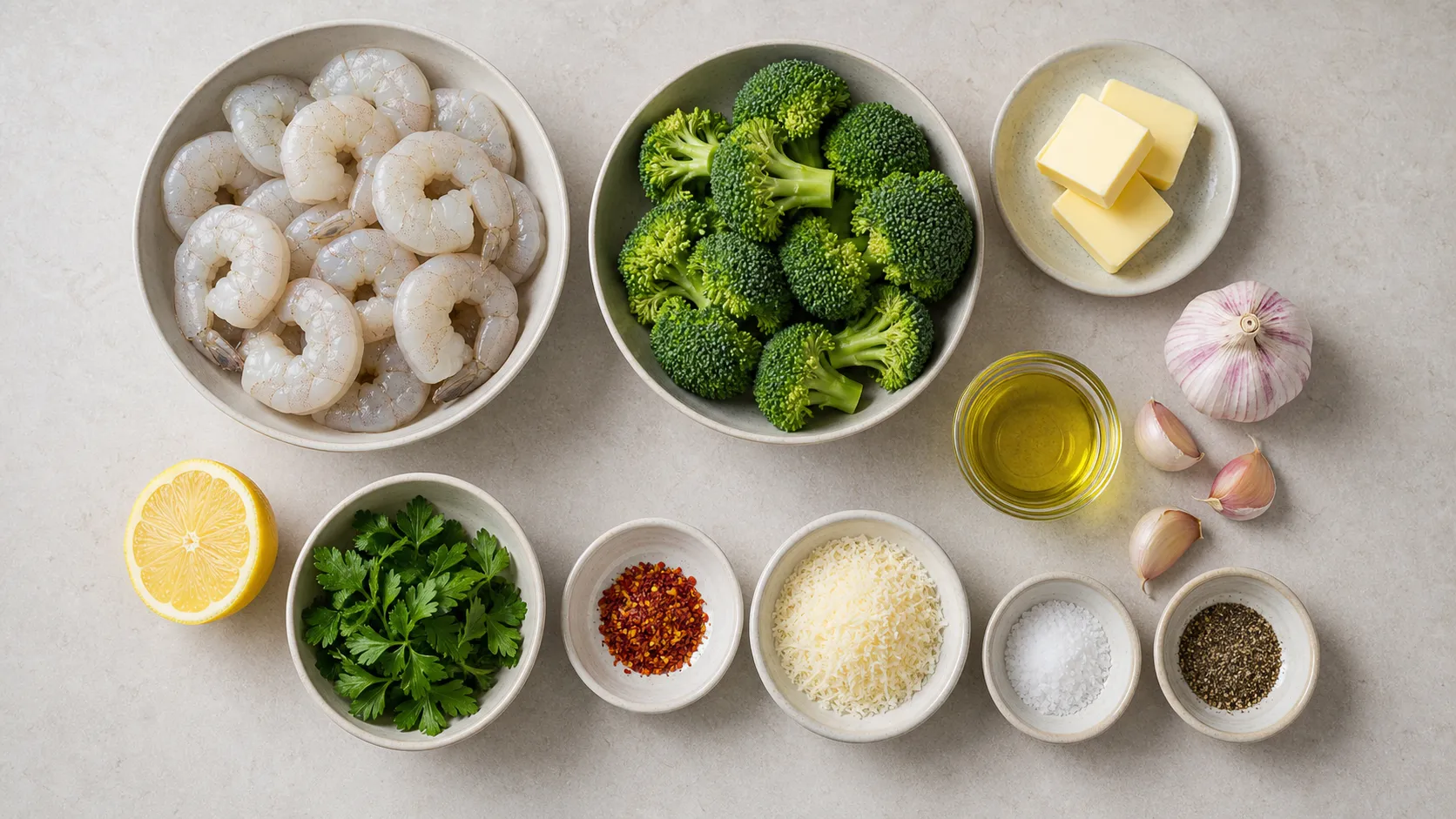 Zutaten für Keto-Garnelen-Brokkoli-Pfanne: Garnelen, Brokkoli, Butter, Knoblauch und Zitrone