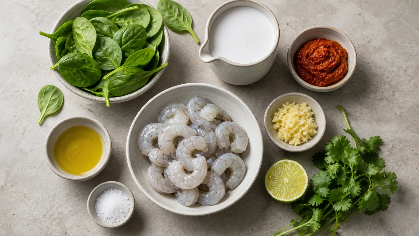 Zutaten für Keto Garnelen-Kokos-Curry mit Garnelen, Kokosmilch, roter Currypaste, Babyspinat, Ingwer und Limette