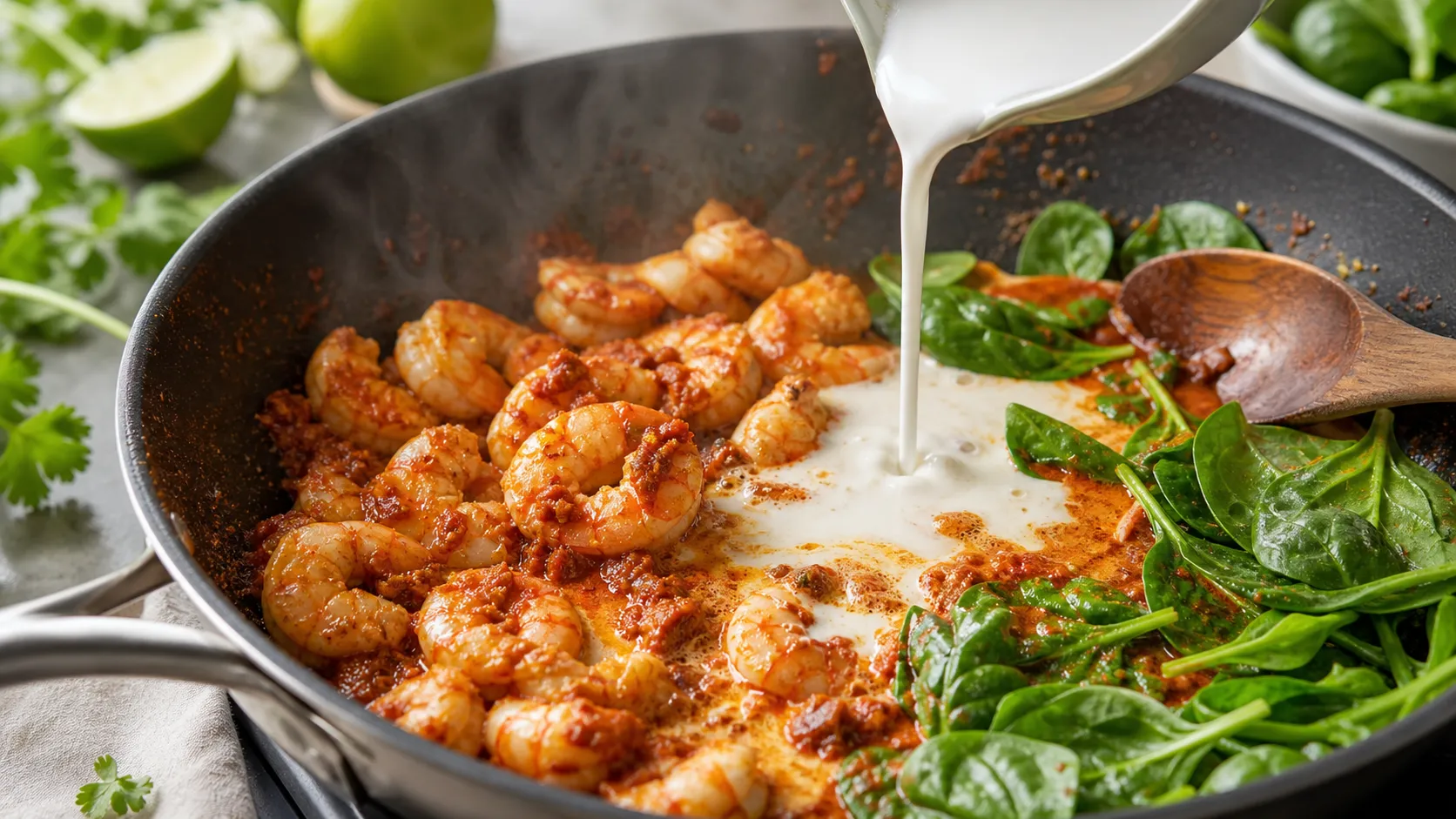 Kokosmilch wird zu Garnelen und roter Currypaste für Keto Garnelen-Kokos-Curry gegossen