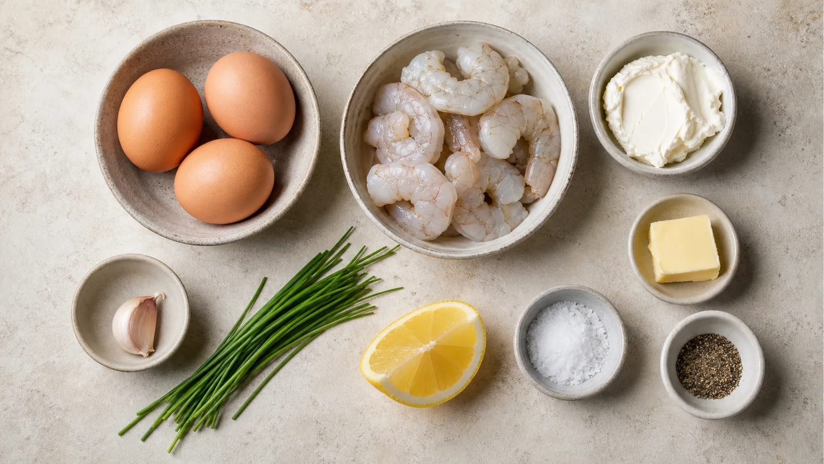 Zutaten für Keto-Rührei mit Garnelen: Eier, rohe Garnelen, Frischkäse, Butter, Knoblauch, Schnittlauch und Zitrone