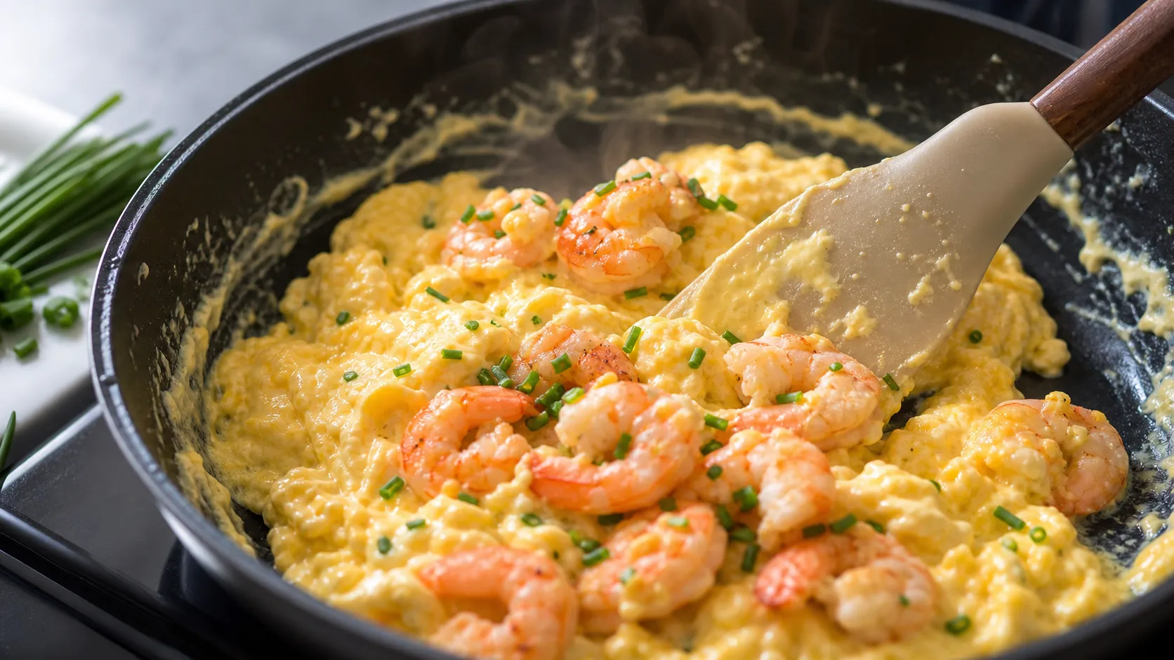 Cremiges Keto-Rührei mit Garnelen wird in der Pfanne mit einem Spatel gerührt
