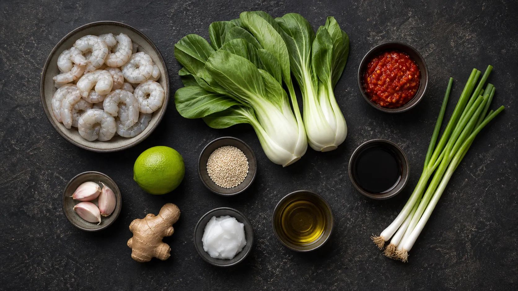 Flatlay der Zutaten für Keto-Sambal-Garnelen mit Pak Choi, Ingwer, Knoblauch und Sesamöl
