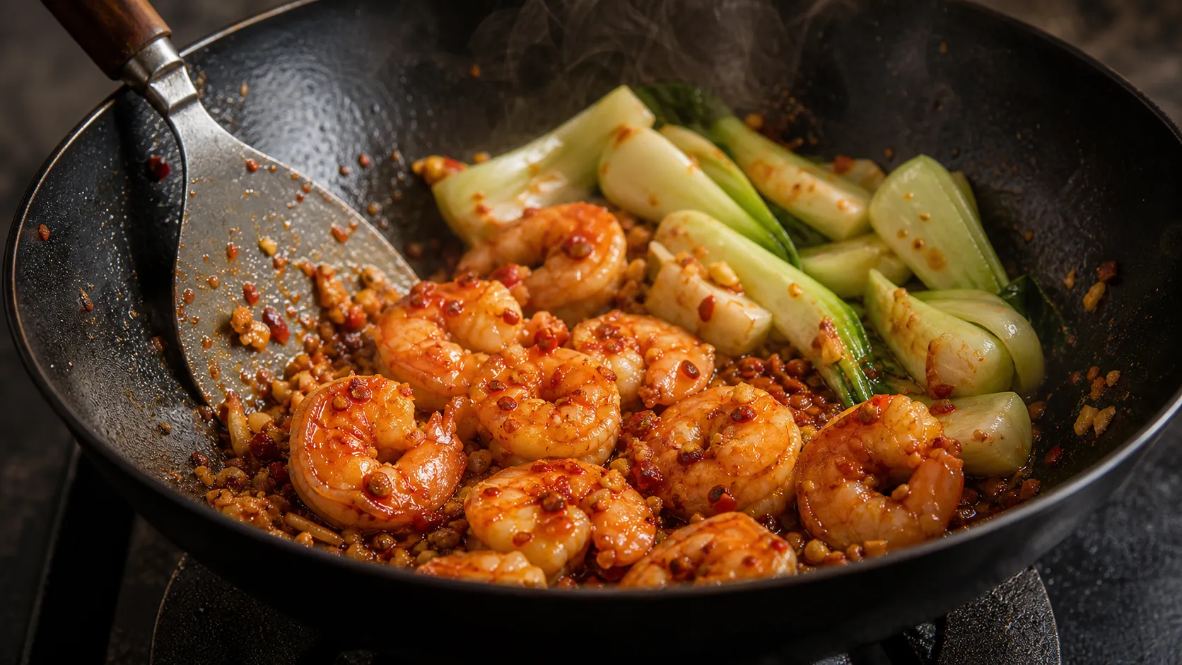 Garnelen werden im Wok mit Sambal Oelek, Ingwer und Pak Choi scharf angebraten