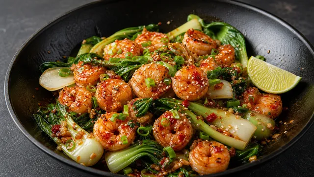 Fertige Keto-Garnelen mit Sambal Oelek, Pak Choi, Sesam und Limette