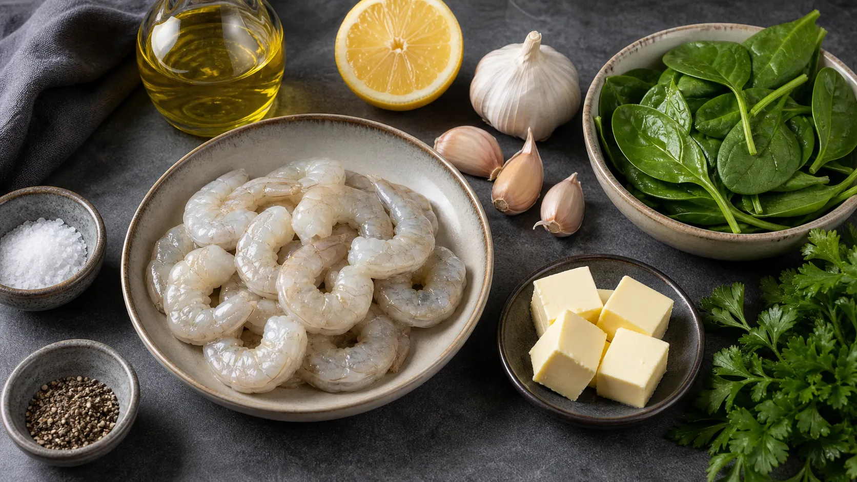 Zutaten für Keto Garnelen-Scampi: geschälte Garnelen, Butter, Knoblauch, Zitrone, Petersilie, Babyspinat und Olivenöl