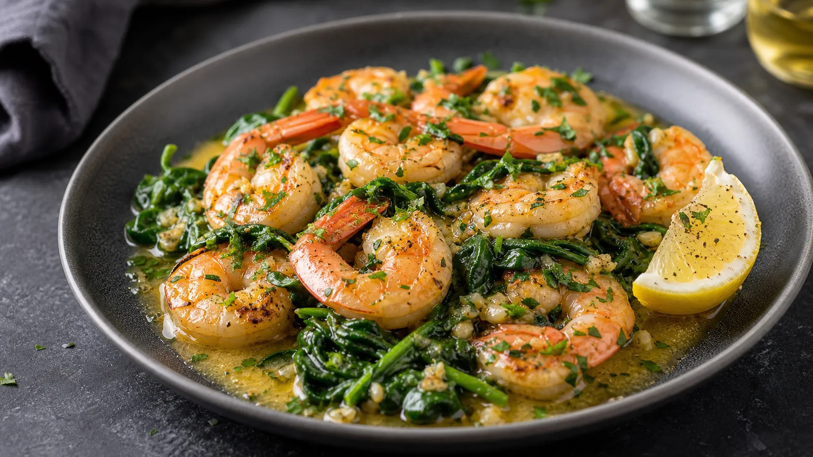 Keto Garnelen-Scampi in goldener Knoblauchbutter mit Zitronenscheiben, frischer Petersilie und Babyspinat in einer Pfanne