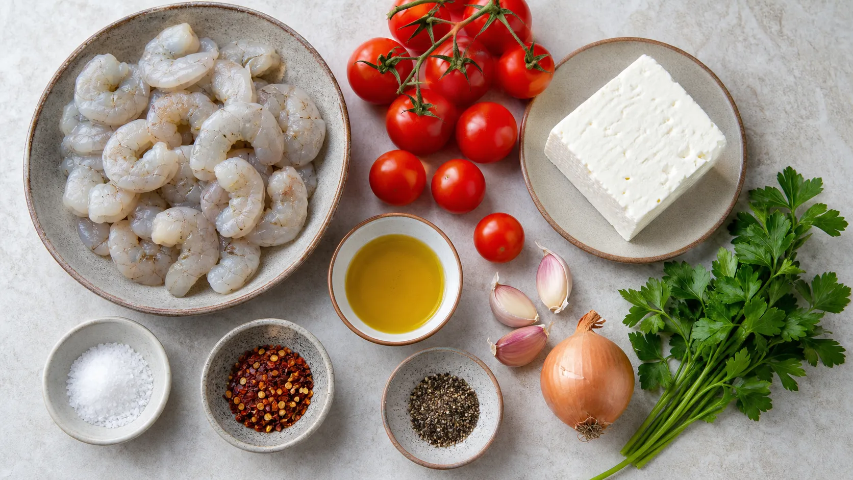 Zutaten für Keto-Ofengarnelen: rohe Garnelen, Cherry-Tomaten, Feta-Käse, Knoblauch und Petersilie