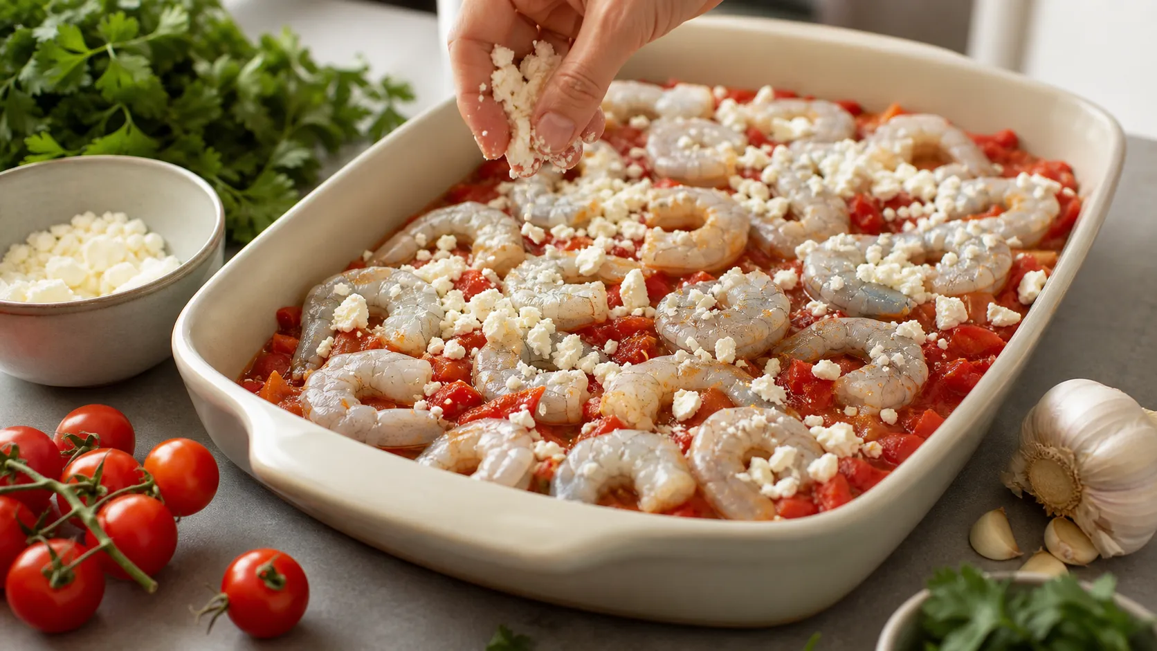Garnelen auf Tomatensauce in einer Auflaufform, mit zerbröseltem Feta-Käse bestreut, vor dem Backen