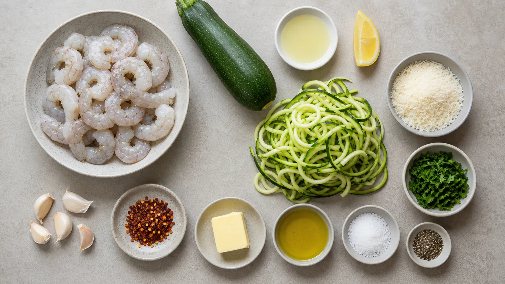 Zutaten für Keto-Garnelen mit Zoodles: Garnelen, Zucchini, Knoblauch, Chili, Butter und Zitrone
