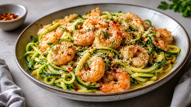 Keto-Garnelen mit Zucchini-Zoodles, Knoblauch, Chili und Parmesan in einer Pfanne