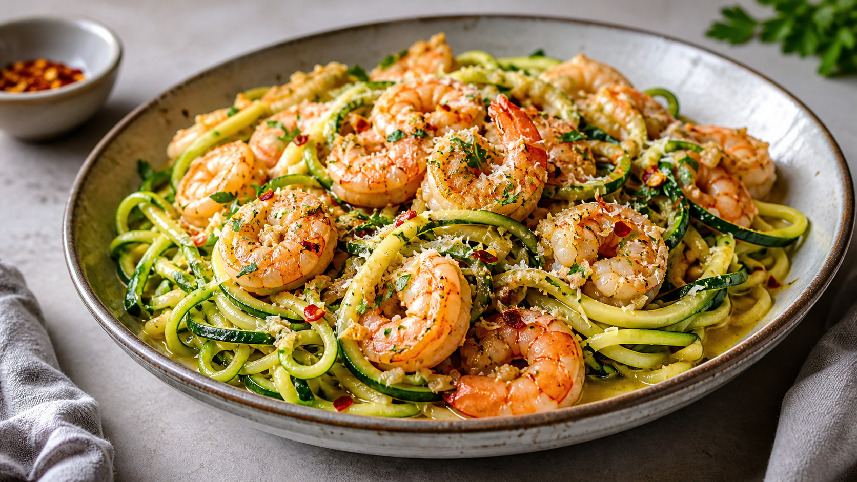 Keto-Garnelen mit Zucchini-Zoodles, Knoblauch, Chili und Parmesan in einer Pfanne