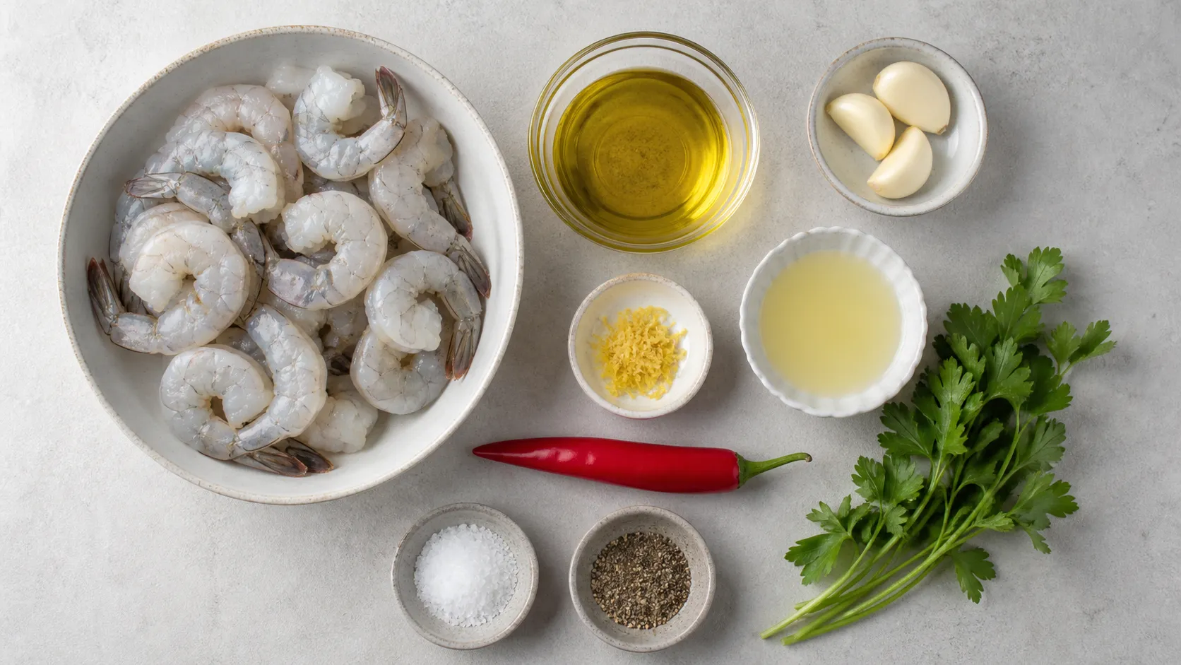 Zutaten für Keto-Garnelenspieße: rohe geschälte Garnelen, Olivenöl, Knoblauch, Chili, Zitrone und Petersilie