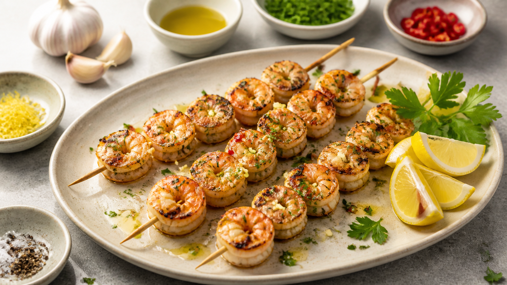 Vier gegrillte Keto-Garnelenspieße mit Grillmuster auf einer Platte, dazu Zitronenspalten und Petersilie