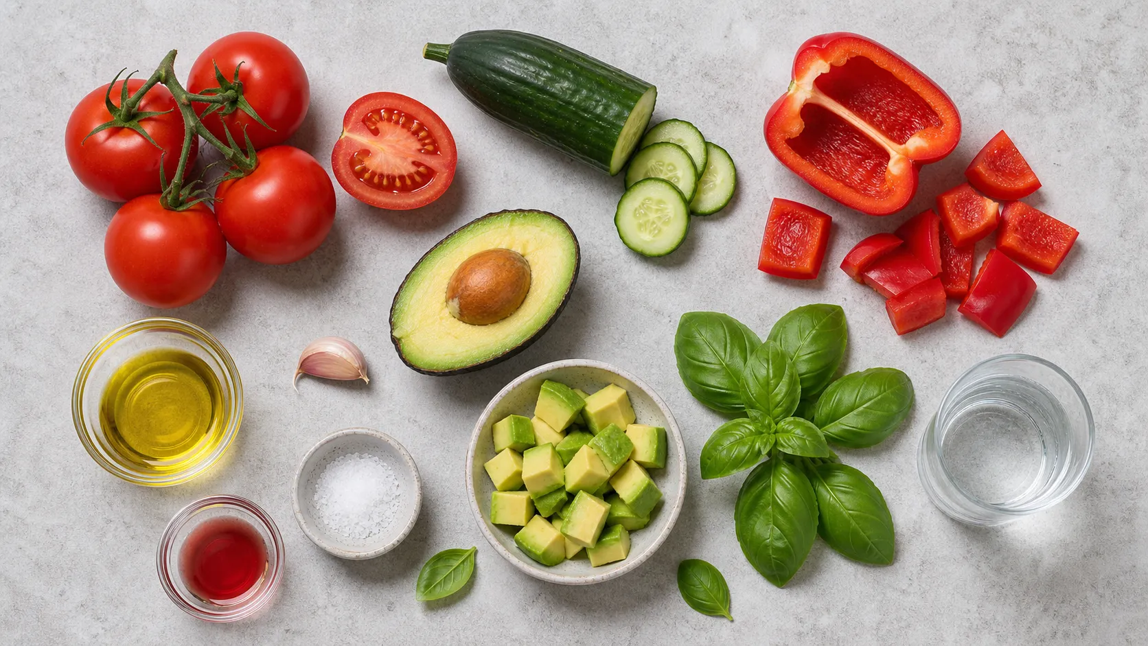 Zutaten für Keto-Gazpacho: Tomaten, Salatgurke, rote Paprika, Avocado, Knoblauch, Olivenöl und Rotweinessig