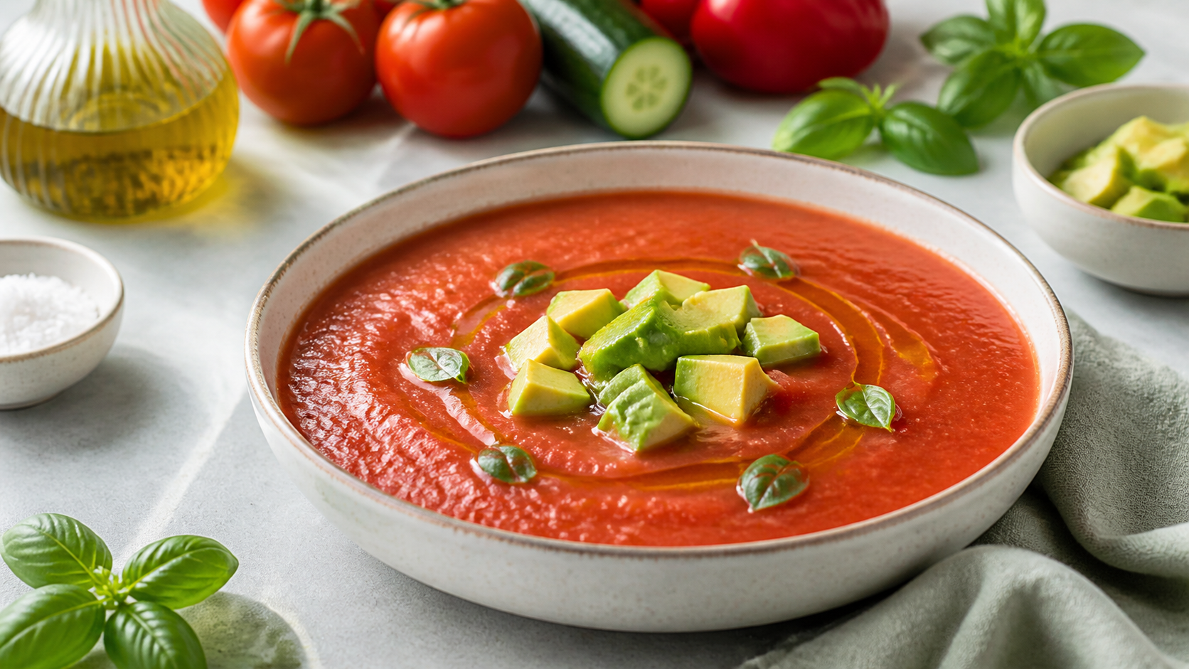 Kalte Keto-Gazpacho mit Avocadowürfeln, Olivenöl und Basilikum in einer Schale