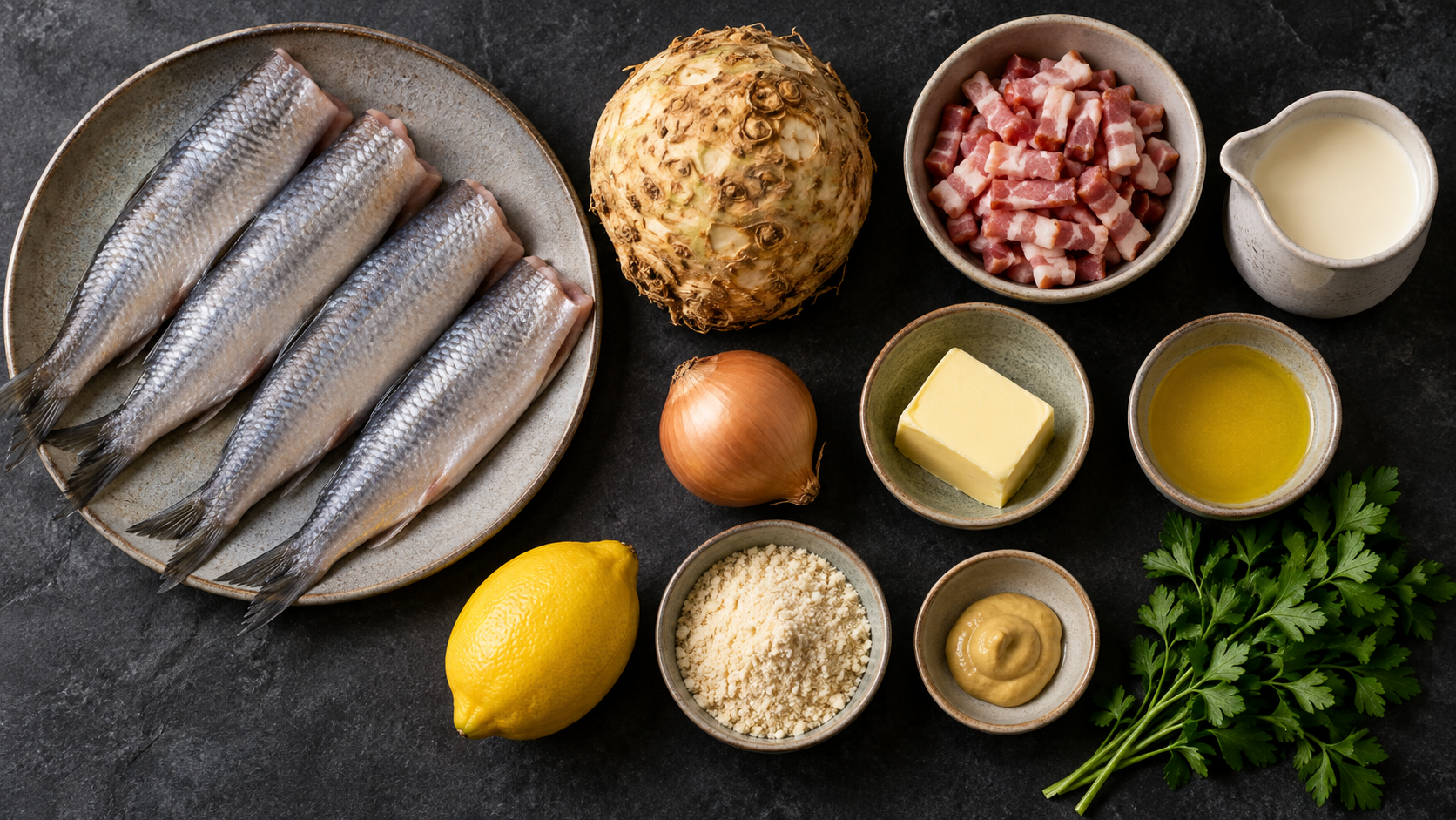 Zutaten für Keto gebratene Heringe: frische küchenfertige grüne Heringe, Knollensellerie, durchwachsener Speck, Zwiebel, Sahne, Mandelmehl, Butterschmalz, Butter, Zitrone und Petersilie