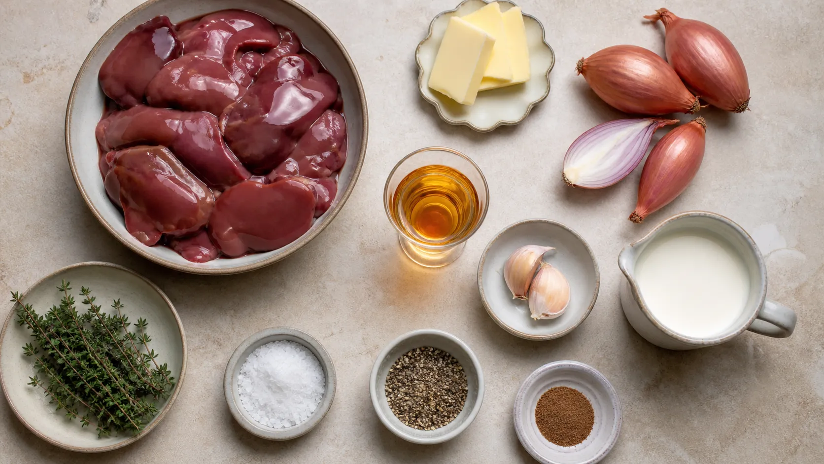 Zutaten für Keto Leberpastete: frische Hähnchenleber, Butter, Schalotten, Knoblauch, Sahne, Cognac und Thymian