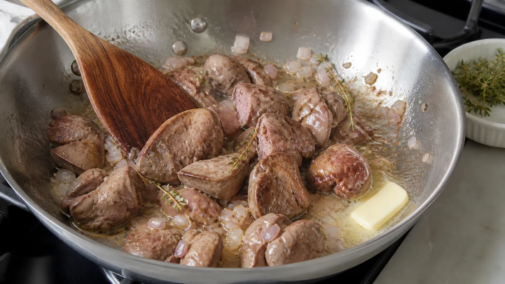 Hähnchenleber brät in der Pfanne mit Schalotten, innen noch leicht rosa