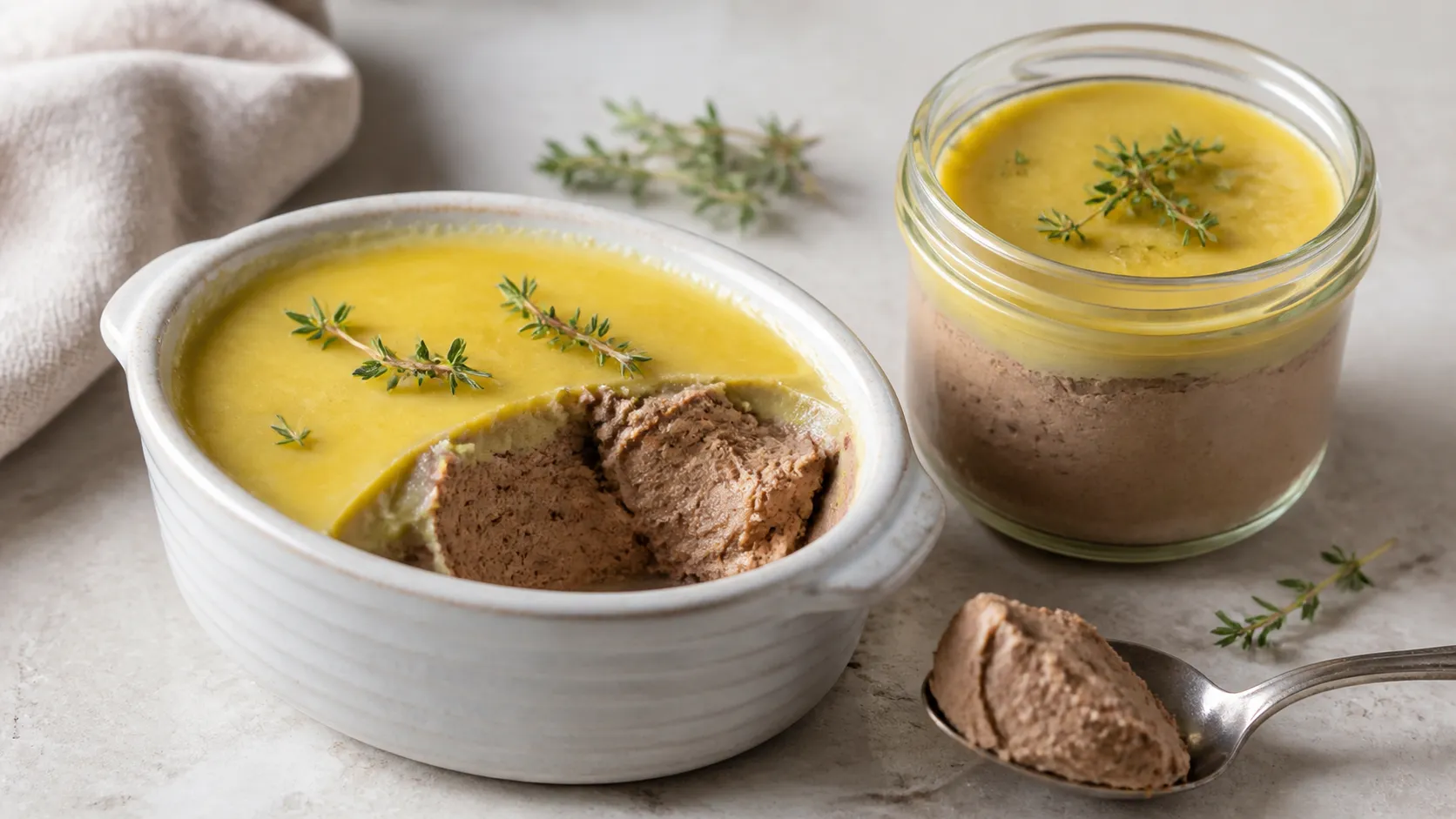Glas mit cremiger Keto Geflügelleber-Pastete unter einer Butterschicht mit Thymianzweig, daneben Keto-Knäckebrot