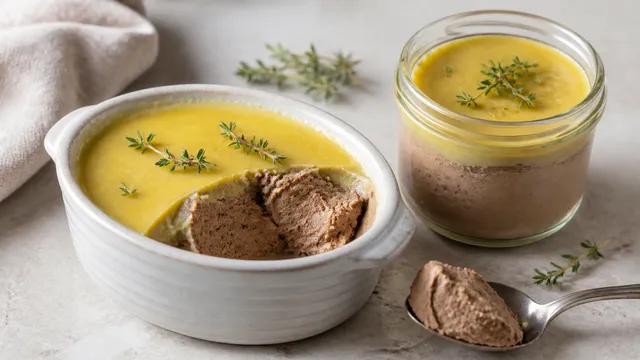 Glas mit cremiger Keto Geflügelleber-Pastete unter einer Butterschicht mit Thymianzweig, daneben Keto-Knäckebrot