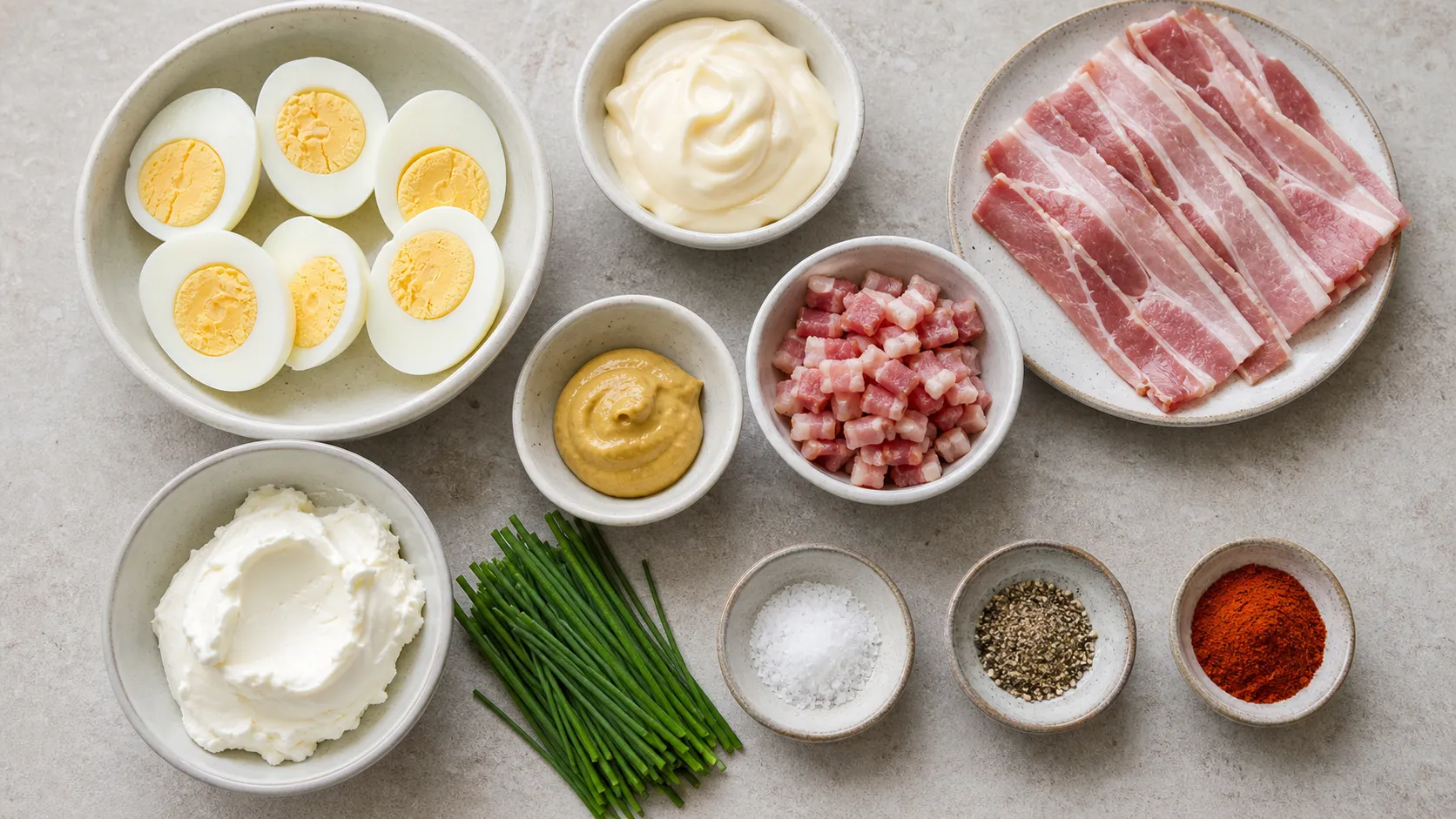 Zutaten für Keto gefüllte Eier: gekochte Eier, Mayonnaise, Frischkäse, Speck, Senf und Schnittlauch