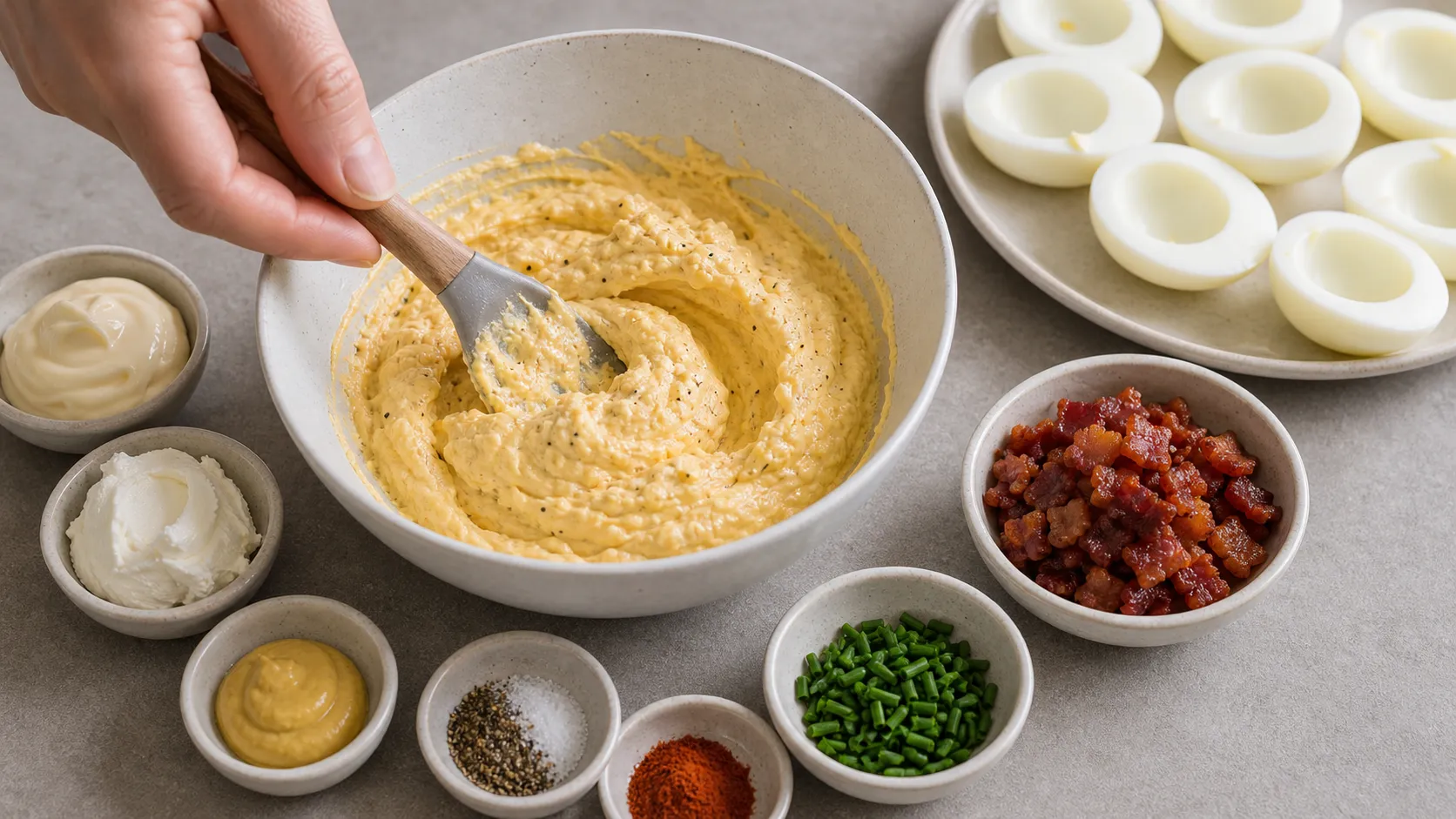 Eigelb wird mit Mayonnaise und Frischkäse zu einer cremigen Füllung verrührt