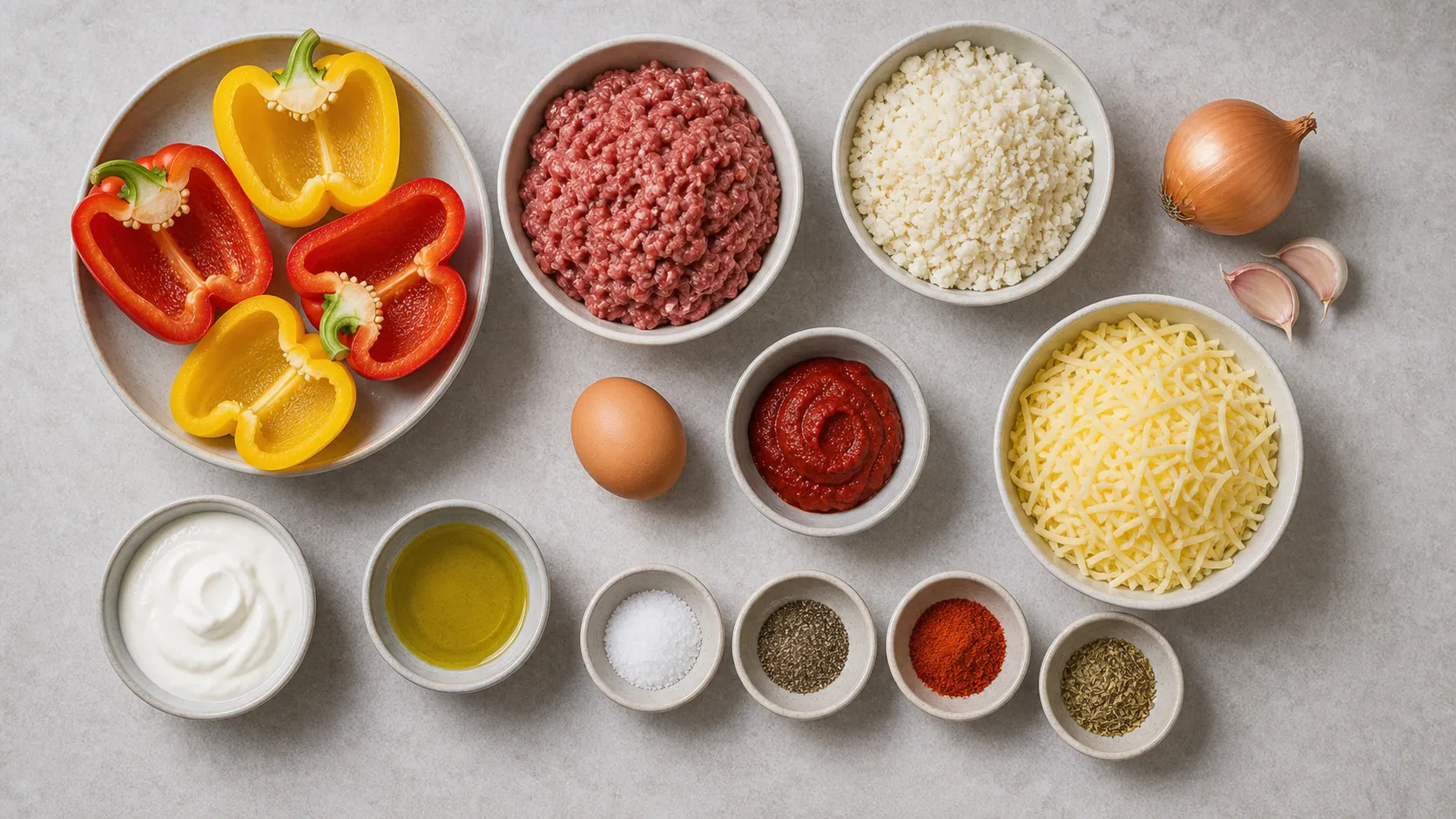 Zutaten für gefüllte Paprika: Paprika, Hackfleisch, Blumenkohlreis, Zwiebel, Tomatenmark und geriebener Käse