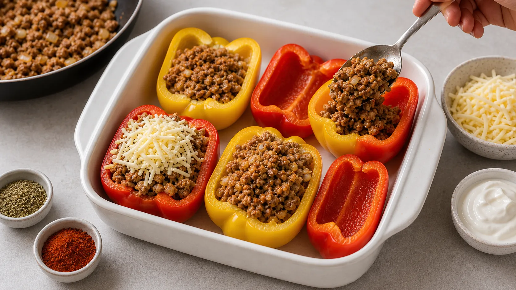 Halbierte Paprika werden in einer Auflaufform mit Hackfleischmasse gefüllt und mit Käse bestreut