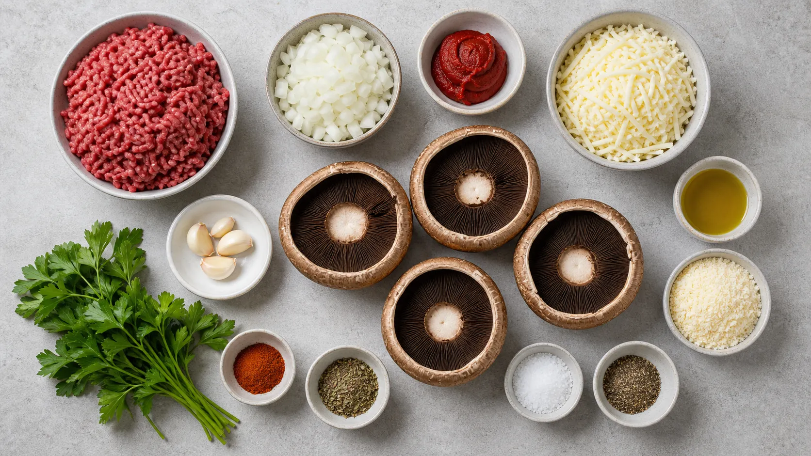 Zutaten für gefüllte Portobello-Pilze: Portobello, Hackfleisch, Mozzarella, Parmesan, Zwiebel und Tomatenmark