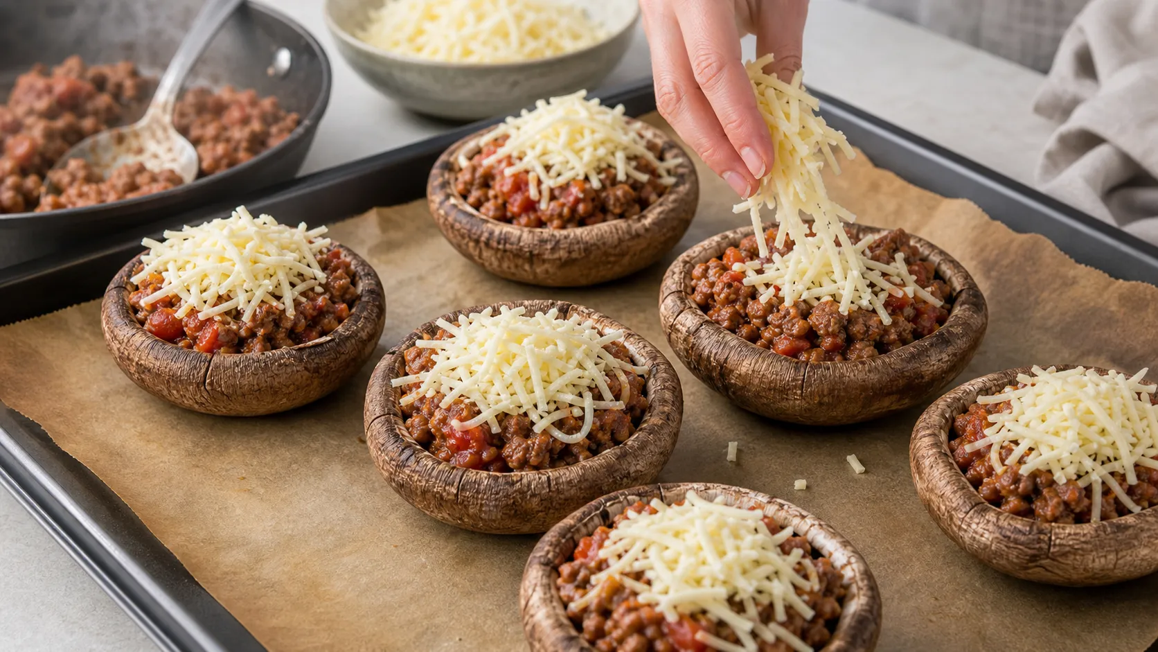 Mit Hackfleisch gefüllte Portobello-Pilze werden mit Mozzarella bestreut und in den Ofen geschoben
