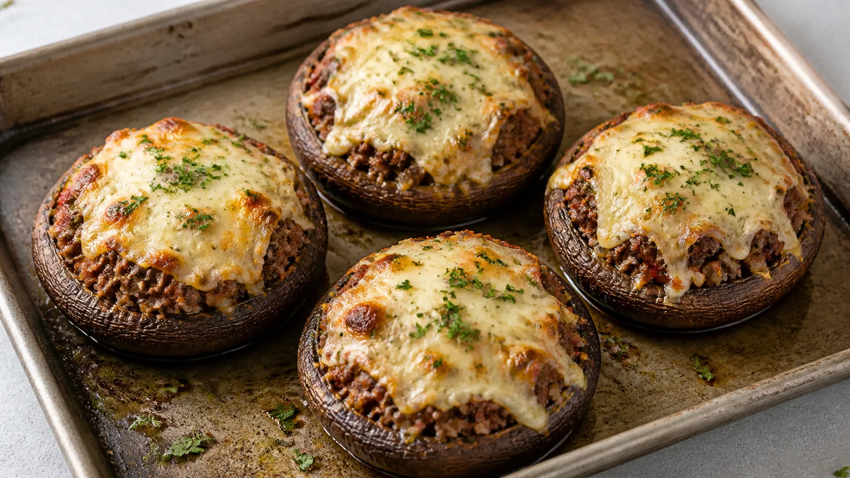 Vier gefüllte Portobello-Pilze mit Hackfleisch und überbackenem Mozzarella auf einem Blech mit Petersilie