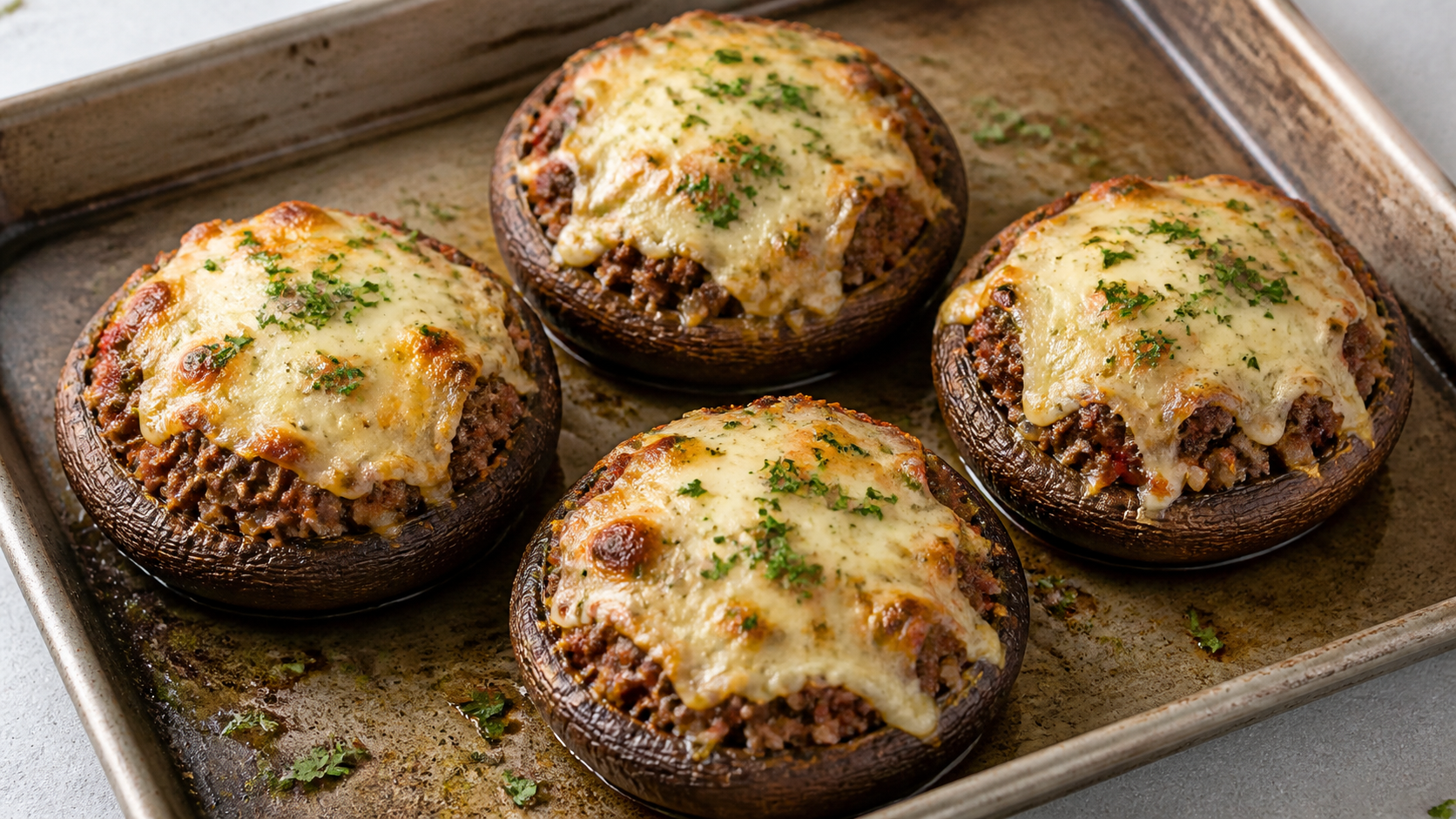 Vier gefüllte Portobello-Pilze mit Hackfleisch und überbackenem Mozzarella auf einem Blech mit Petersilie