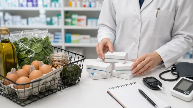 Apothekenberatung mit Messgerät, neutralen Medikamentenpackungen und einem Low-Carb-Einkaufskorb