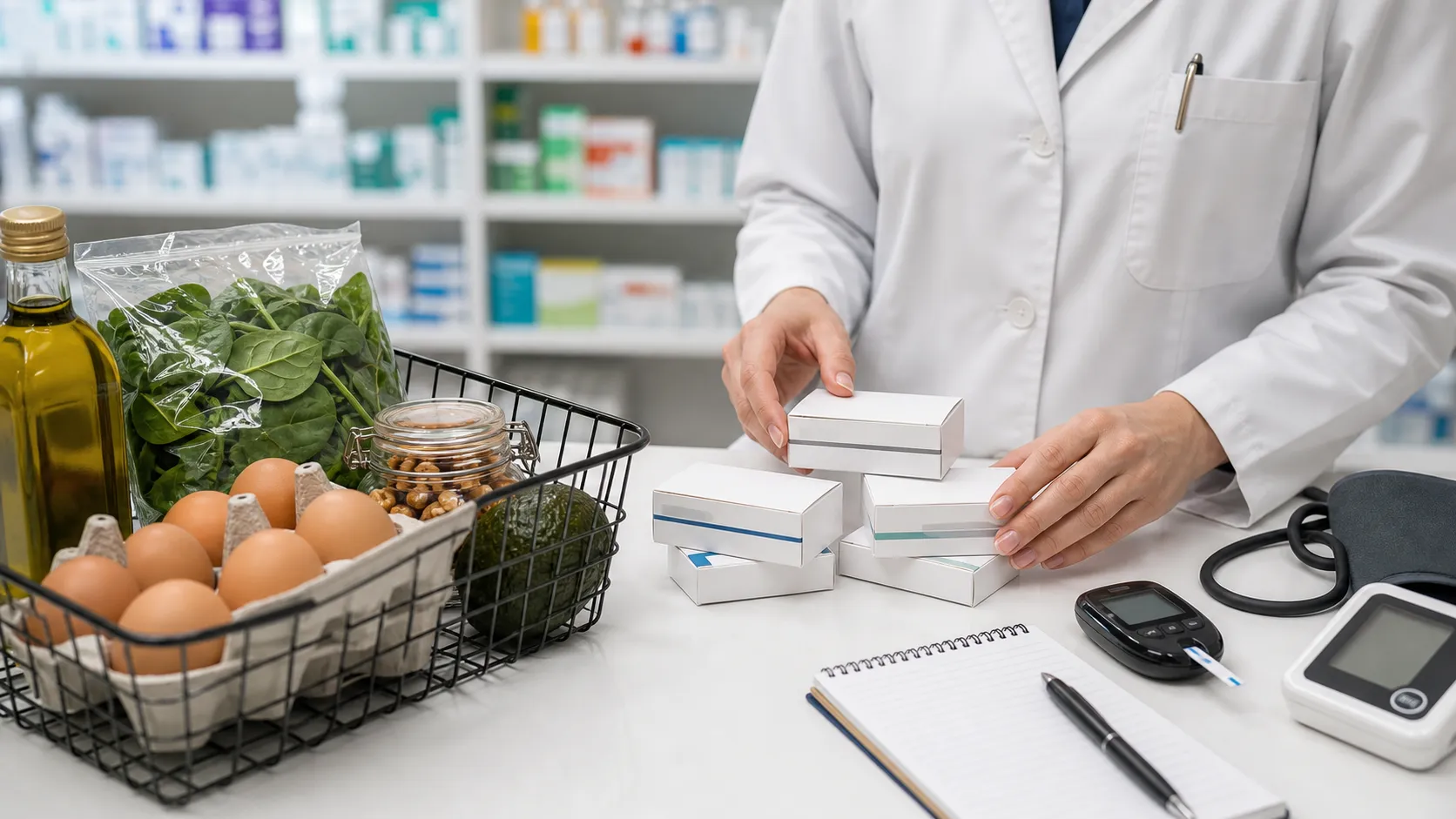 Apothekenberatung mit Messgerät, neutralen Medikamentenpackungen und einem Low-Carb-Einkaufskorb