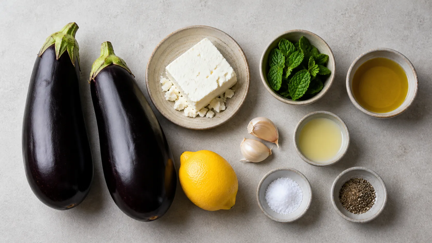 Zutaten für gegrillte Auberginen: zwei Auberginen, Feta-Käse, Minze, Olivenöl, Knoblauch und Zitrone