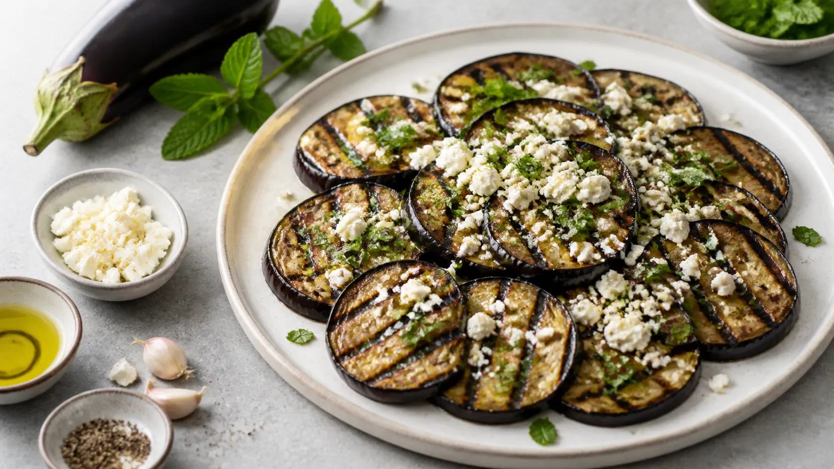 Gegrillte Auberginenscheiben mit Grillmuster, zerbröseltem Feta-Käse und frischer Minze auf einer Platte