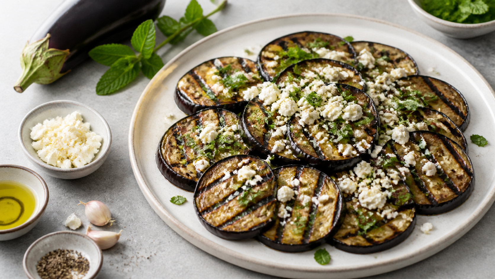 Gegrillte Auberginenscheiben mit Grillmuster, zerbröseltem Feta-Käse und frischer Minze auf einer Platte